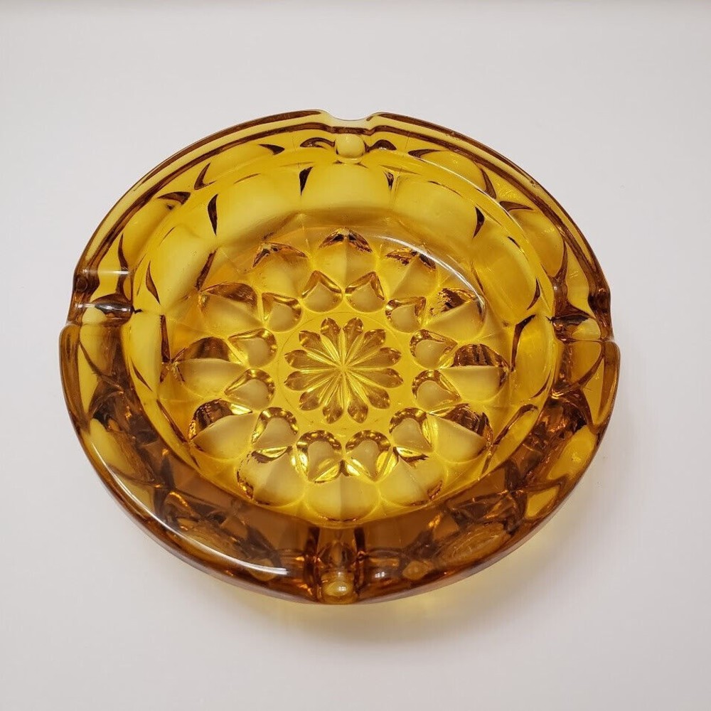Sunburst Retro Ashtray Amber Yellow Round Pressed Glass  6" MCM VTG Cigar 4 slot